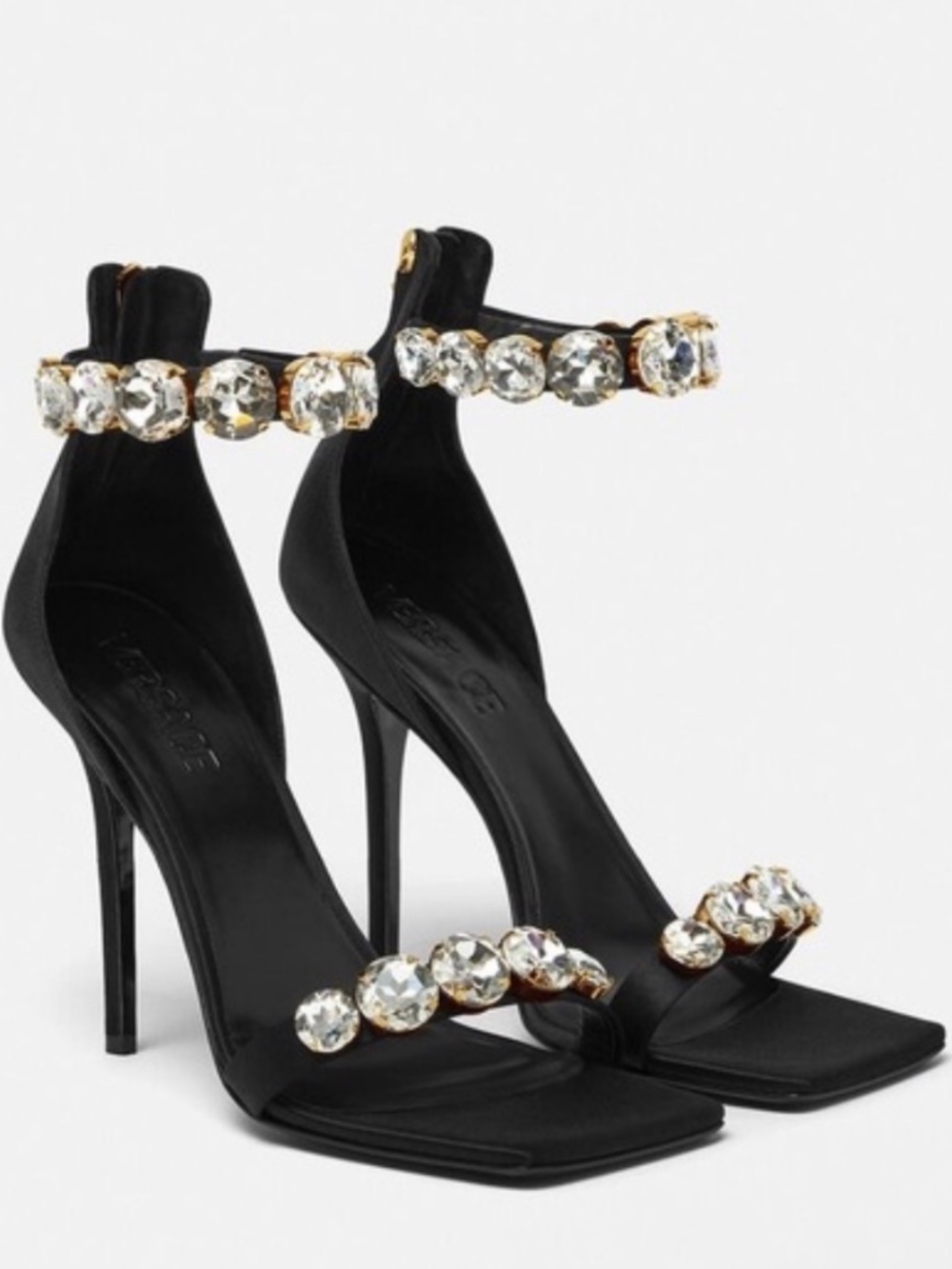 Versace Crystal-Embellished Satin Stiletto Sandals Black